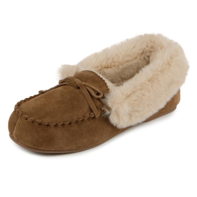 Isotoner Ladies Genuine Suede Moccasin with Faux Fur Lining Tan Extra Image 2
